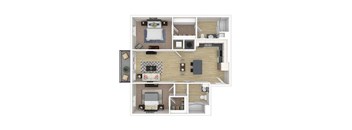 A floor plan of a two-bedroom apartment with a living room, kitchen, and bathroom.