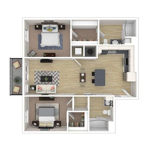 A floor plan of a two-bedroom apartment with a living room, kitchen, and bathroom.