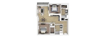 A floor plan of a small apartment with a living room, kitchen, and two bedrooms.