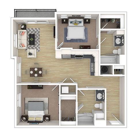 A floor plan of a small apartment with a living room, kitchen, and two bedrooms.
