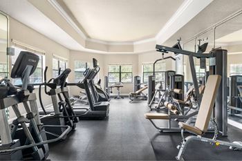 A gym with treadmills, elliptical machines, and weight machines.