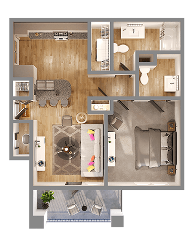 A top-down view of a house layout with a living room, kitchen, and bathroom.