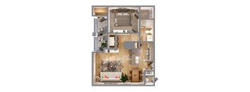 A top-down view of a modern apartment layout with a living room, kitchen, and bedroom.