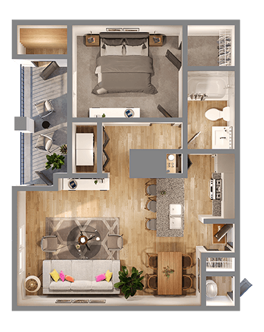 A top-down view of a modern apartment layout with a living room, kitchen, and bedroom.