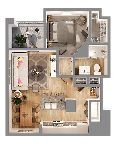 A floor plan of a house with a living room, dining room, kitchen, and bedrooms.