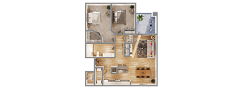 A top-down view of a house layout with a living room, kitchen, dining area, and bedrooms.