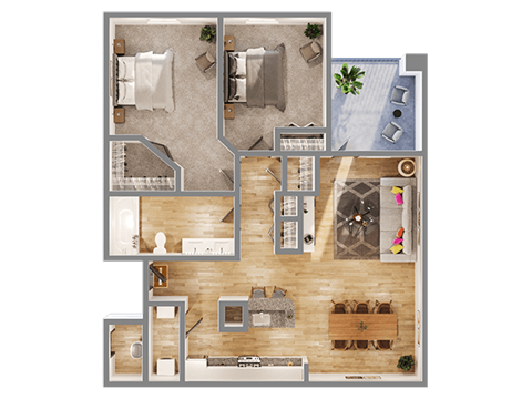 A top-down view of a house layout with a living room, kitchen, dining area, and bedrooms.