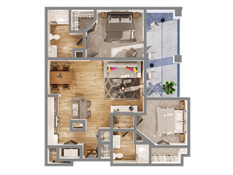 A detailed 3D floor plan of a house showing all rooms and their layouts.