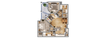 A top-down view of a house layout with a kitchen, living room, and dining area.