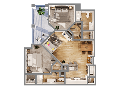 A top-down view of a house layout with a kitchen, living room, and dining area.