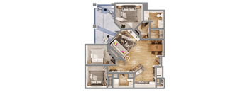 A top-down view of a house layout with multiple rooms and furniture.
