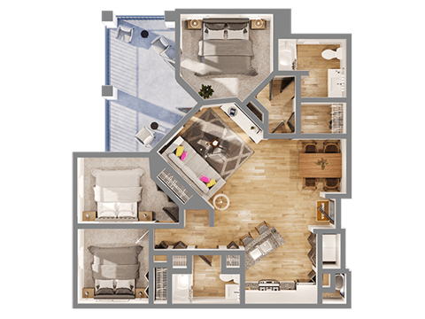 A top-down view of a house layout with multiple rooms and furniture.