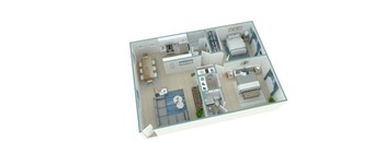 A 3D model of a house layout with a kitchen, living room, and bathroom.
