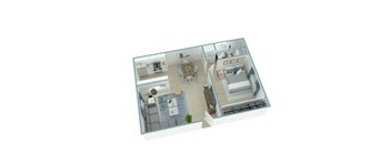 A 3D model of a house with a kitchen, living room, and bathroom.