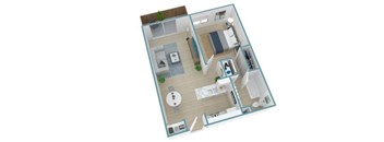 A floor plan of a two-story apartment with a living room, kitchen, dining room, and bedrooms.