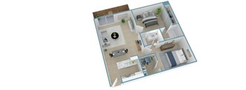 A 3D floor plan of a house with a kitchen, living room, and bedrooms.