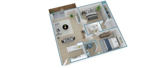 A 3D floor plan of a house with a kitchen, living room, and bedrooms.