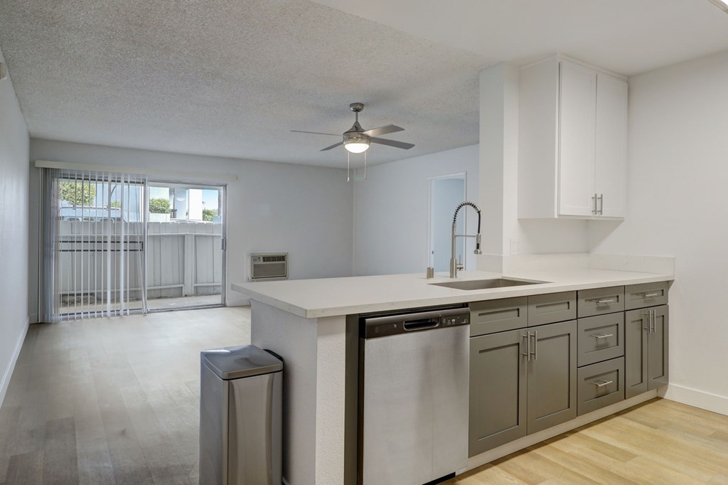 A kitchen with a stainless steel dishwasher and a trash can.