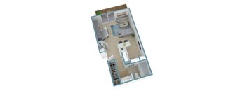 A 3D floor plan of a house with a kitchen, living room, and two bedrooms.