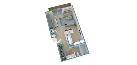 A 3D floor plan of a house with a kitchen, living room, and two bedrooms.