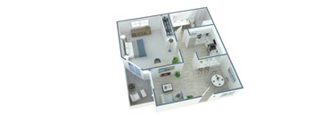 A 3D floor plan of a house with a kitchen, living room, bedrooms, and bathrooms.
