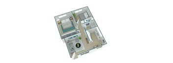A 3D floor plan of a house with a kitchen, living room, and bathrooms.