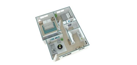 A 3D floor plan of a house with a kitchen, living room, and bathrooms.