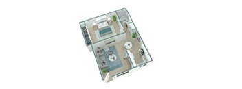 A 3D layout of a house with a swimming pool.