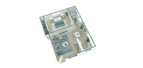 A 3D layout of a house with a swimming pool.