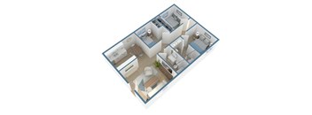 A 3D floor plan of a house with multiple rooms.