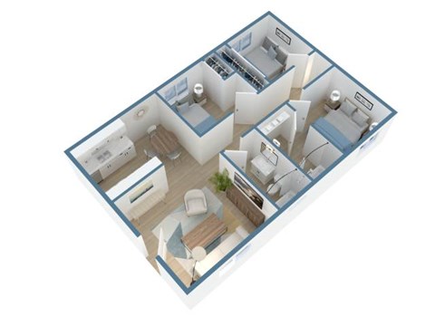 A 3D floor plan of a house with multiple rooms.
