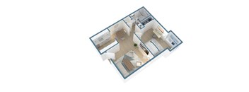 A 3D floor plan of a house with a kitchen, living room, and two bedrooms.