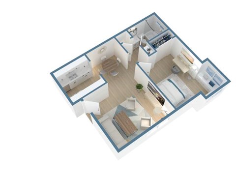 A 3D floor plan of a house with a kitchen, living room, and two bedrooms.