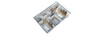 A 3D floor plan of a house with a kitchen, living room, and bedrooms.