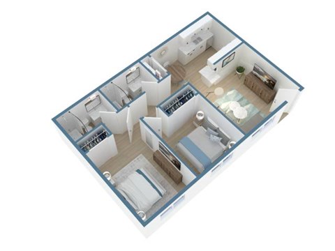 A 3D floor plan of a house with a kitchen, living room, and bedrooms.
