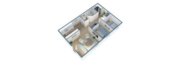 A 3D floor plan of a house with a kitchen, living room, and two bedrooms.