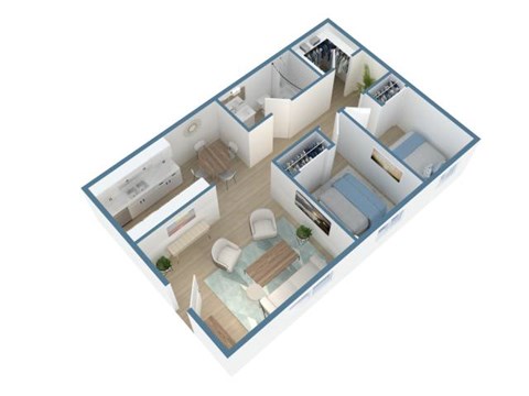 A 3D floor plan of a house with a kitchen, living room, and two bedrooms.