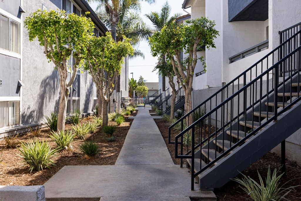 A concrete pathway leads through a row of trees and plants in front of apartment buildings.