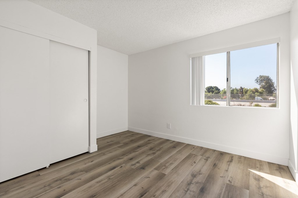 A room with a sliding door and a window overlooking a tree-filled landscape.