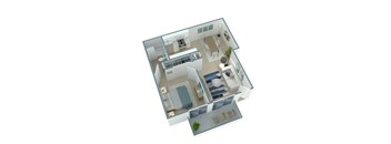 A 3D floor plan of a small apartment with a kitchen, living room, and bedroom.