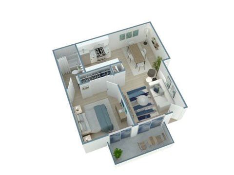 A 3D floor plan of a small apartment with a kitchen, living room, and bedroom.