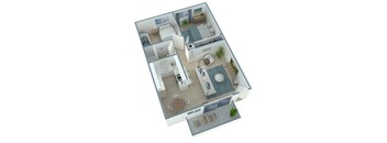 A 3D floor plan of a house with multiple rooms and furniture.