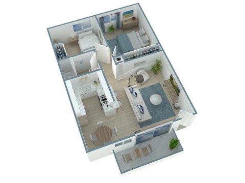 A 3D floor plan of a house with multiple rooms and furniture.