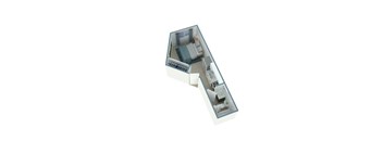 A white and blue model of a building with a glass front.