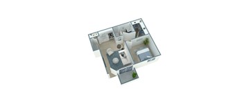 A 3D floor plan of a house with a kitchen, living room, and bathroom.