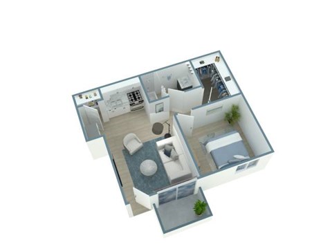 A 3D floor plan of a house with a kitchen, living room, and bathroom.