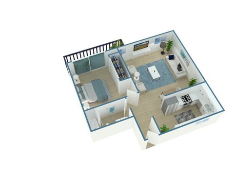 A 3D floor plan of a house with a kitchen, living room, and two bedrooms.