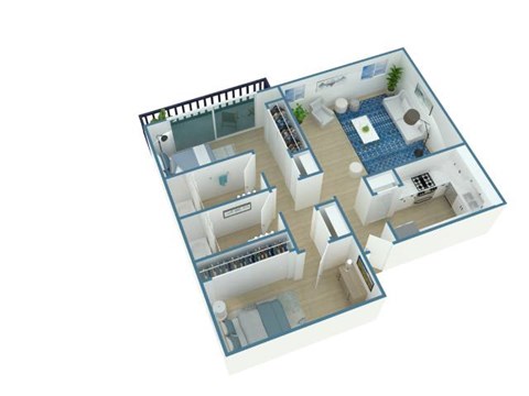 A 3D floor plan of a house with a pool.