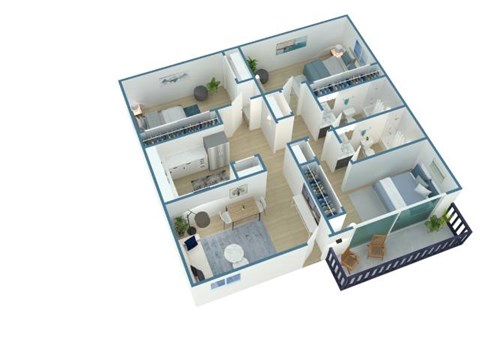 A 3D floor plan of a multi-level home with various rooms and furniture.