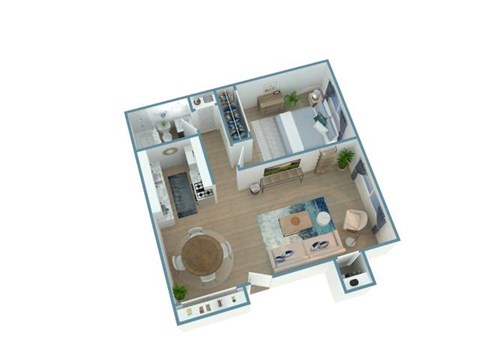 A 3D floor plan of a house with a kitchen, living room, and bathroom.